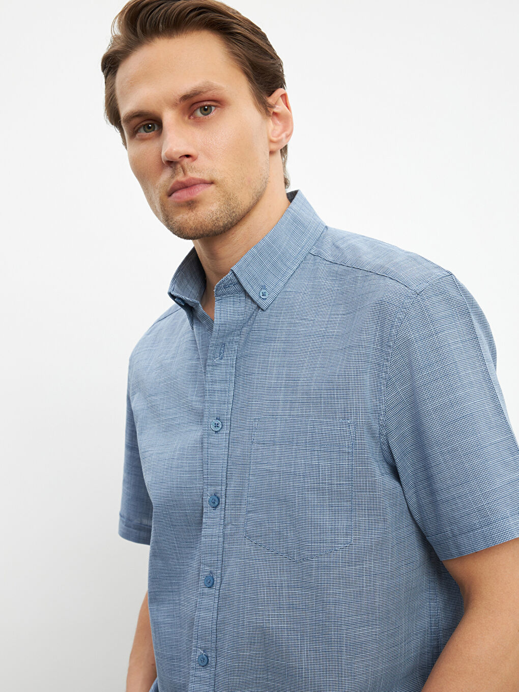 რეგულარული მორგება მოკლე სახელო პოპლინის მამაკაცის პერანგი-5