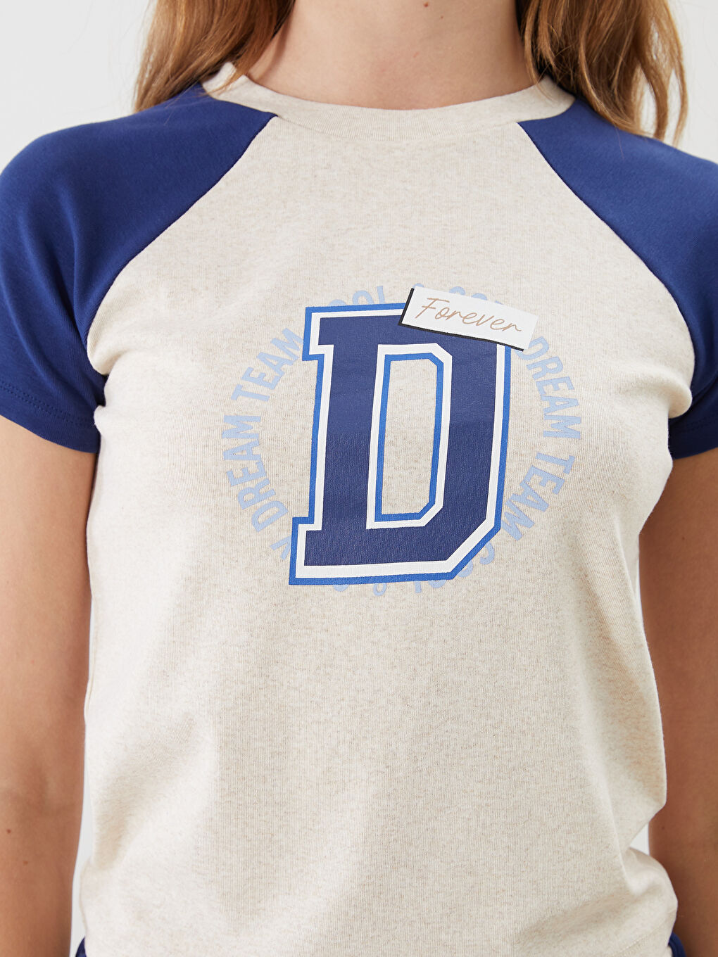 Bej Bisiklet Yaka Baskılı Kadın Pijama Üstü-2