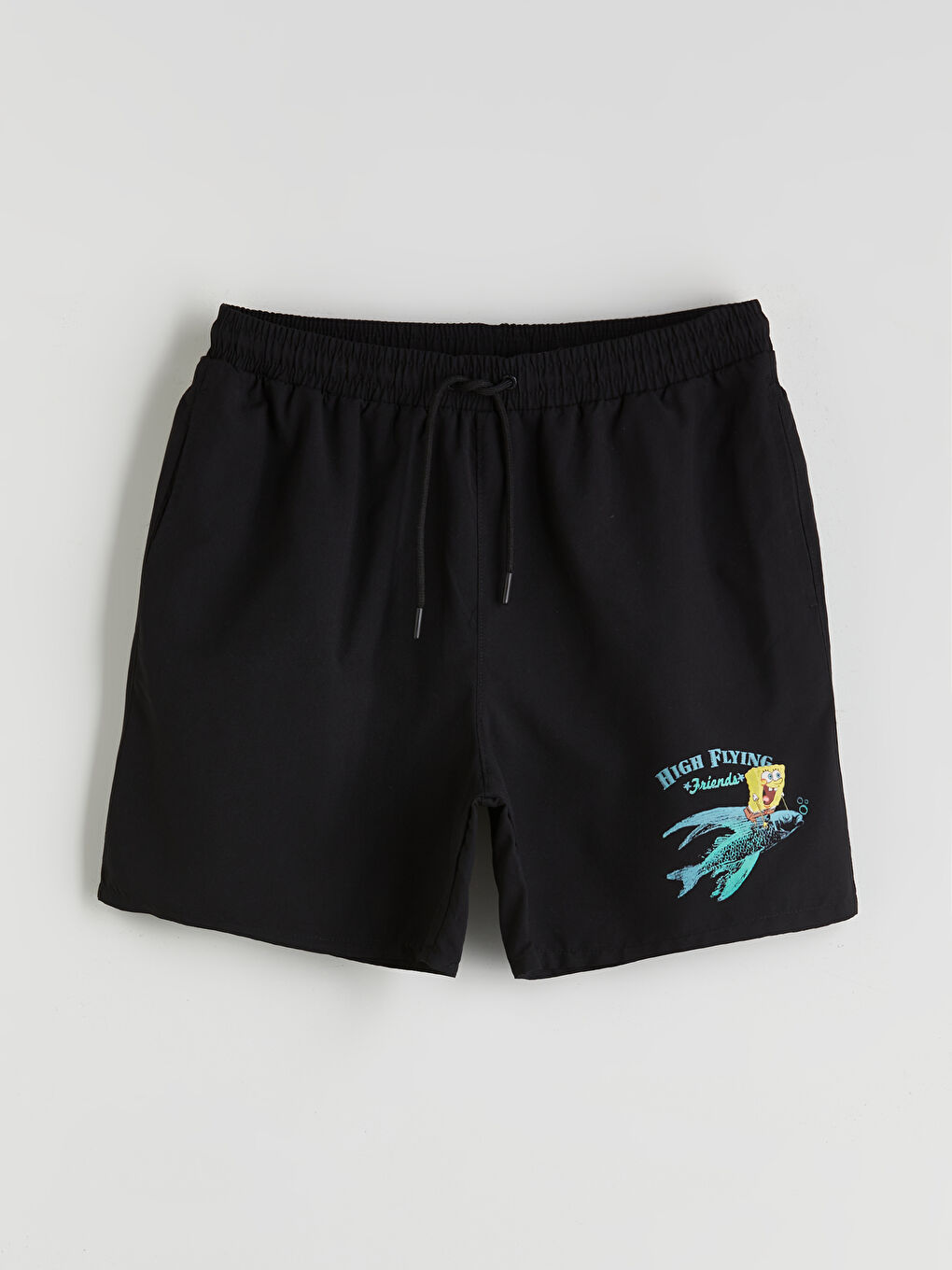 Siyah Kısa Boy Sünger Bob Baskılı Erkek Deniz Şortu-4
