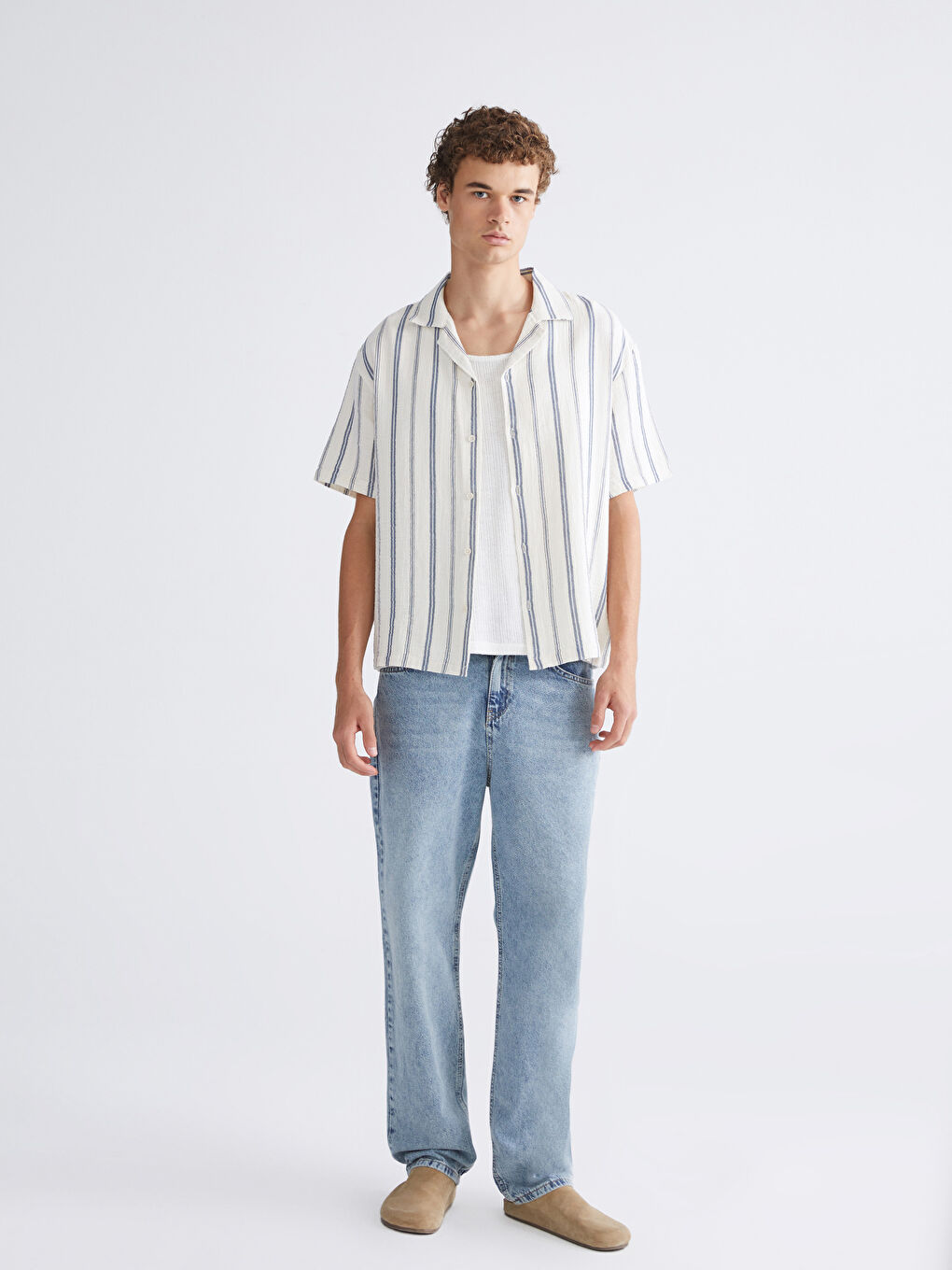 Mavi Regular Fit Resort Yaka Çizgili Müslin Erkek Gömlek-1