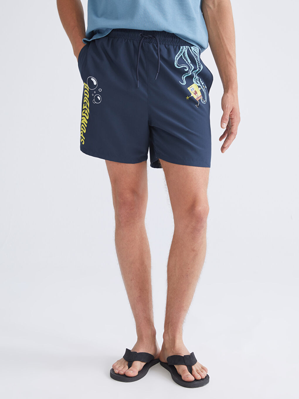 Lacivert Kısa Boy Sünger Bob Baskılı Erkek Deniz Şortu-1