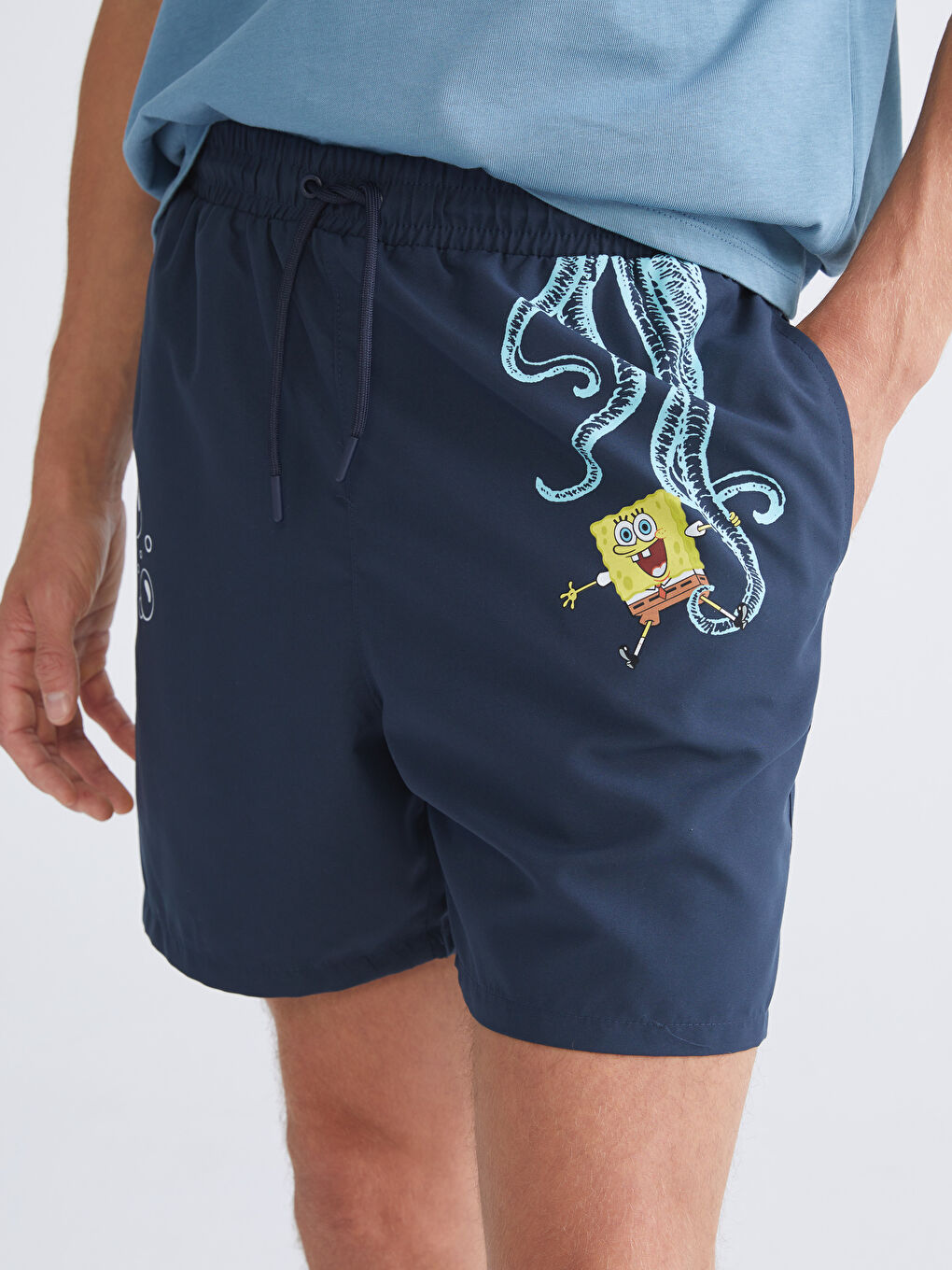 Lacivert Kısa Boy Sünger Bob Baskılı Erkek Deniz Şortu-2
