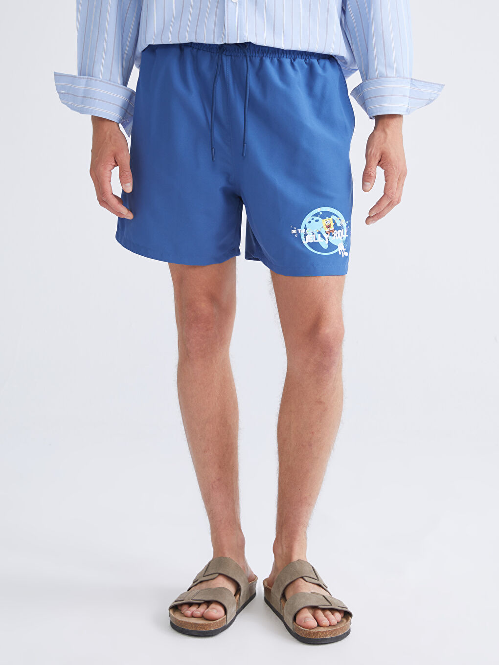 Mavi Kısa Boy Sünger Bob Baskılı Erkek Deniz Şortu-1