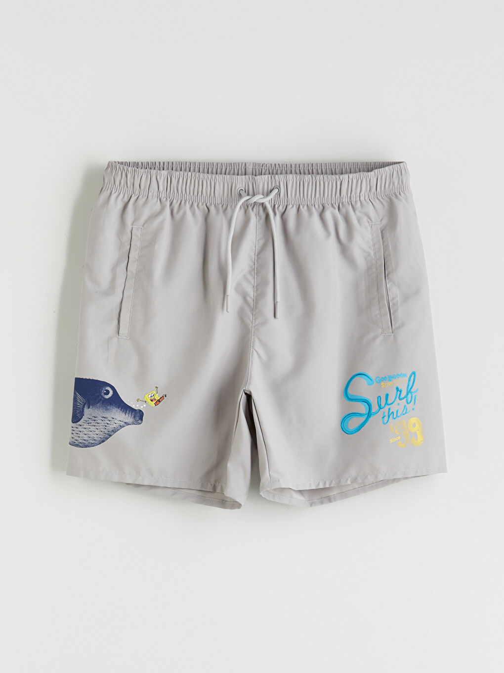 Gri Kısa Boy Sünger Bob Baskılı Erkek Deniz Şortu-4