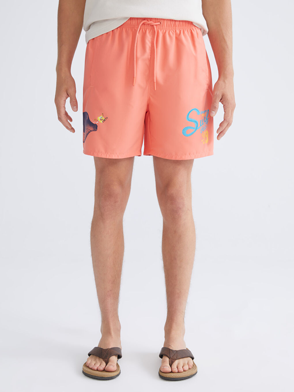 Mercan Kısa Boy Sünger Bob Baskılı Erkek Deniz Şortu-1