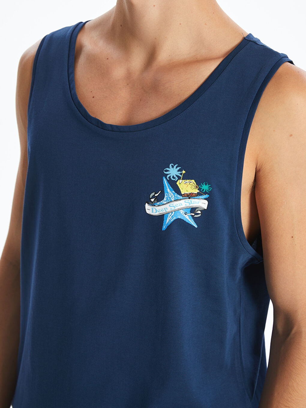 Lacivert Bisiklet Yaka Sünger Bob Baskılı Erkek Kolsuz Tişört-2