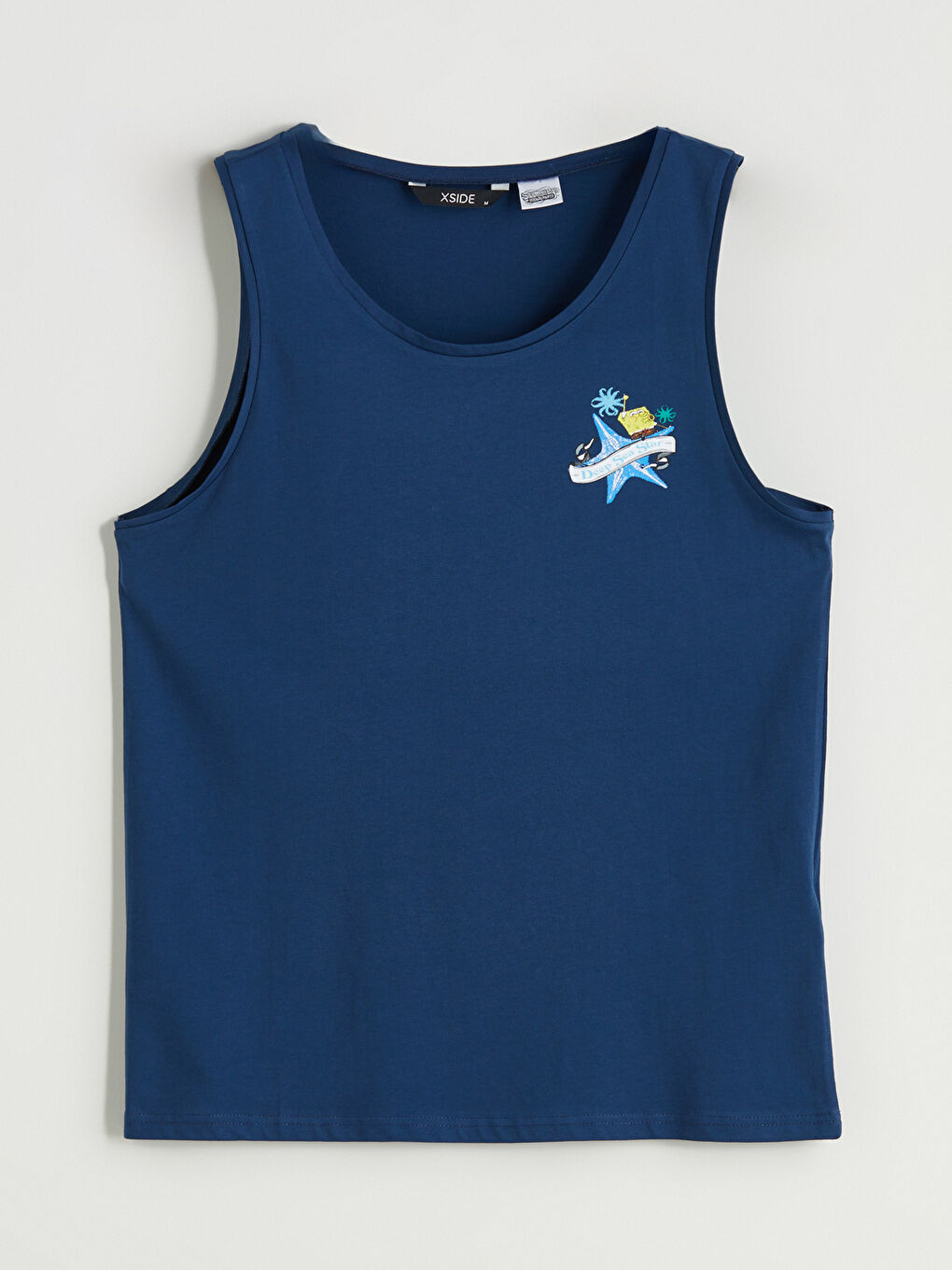 Lacivert Bisiklet Yaka Sünger Bob Baskılı Erkek Kolsuz Tişört-4