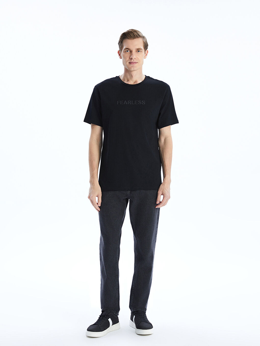 Siyah Bisiklet Yaka Baskılı Erkek Tişört-1