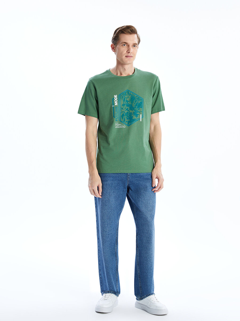 Yeşil Bisiklet Yaka Düz Erkek Tişört-1