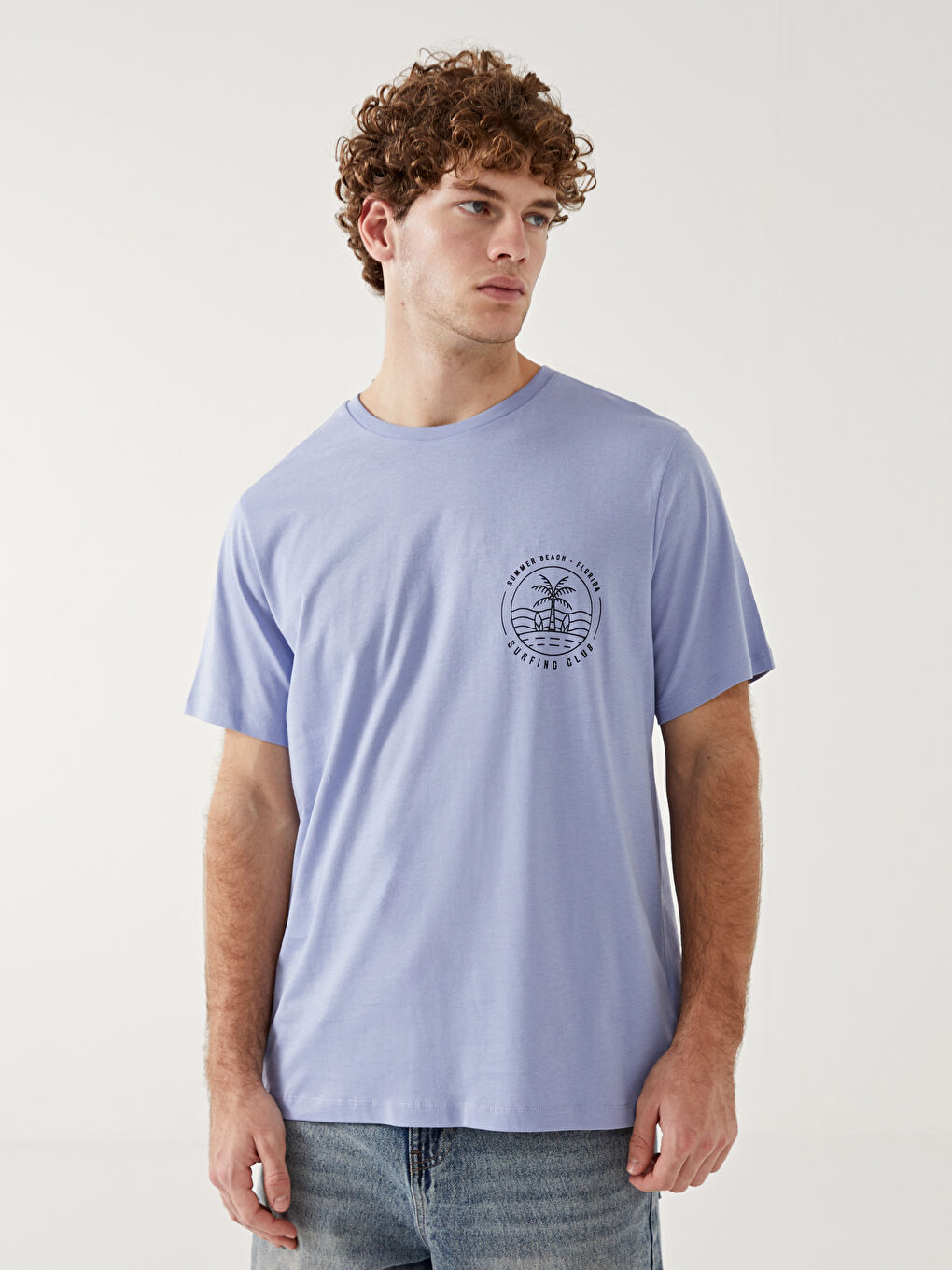 Lila Bisiklet Yaka Florida Baskılı  Erkek Tişört