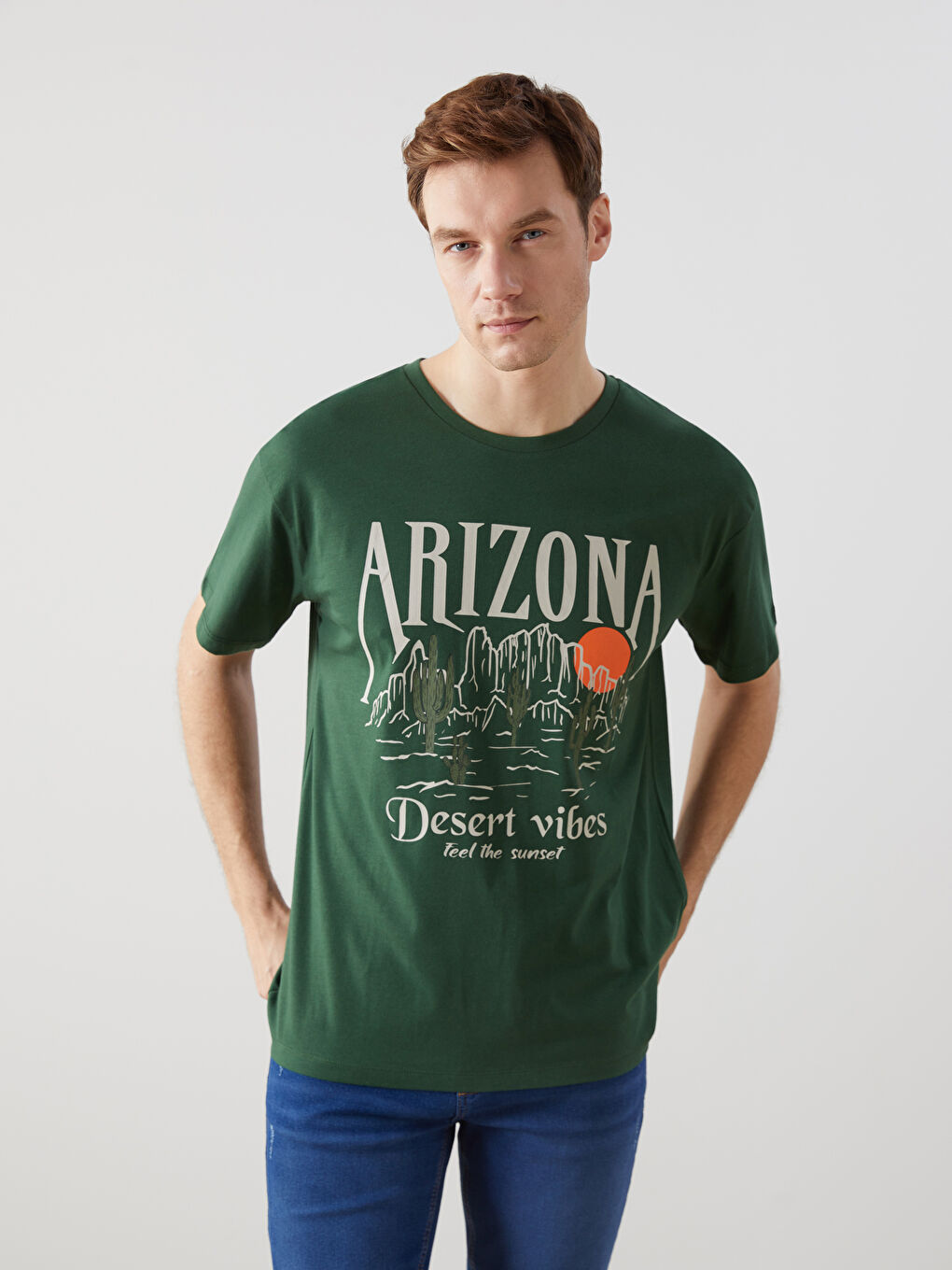 Yeşil Bisiklet Yaka Kısa Kollu Baskılı Penye Erkek Tişört