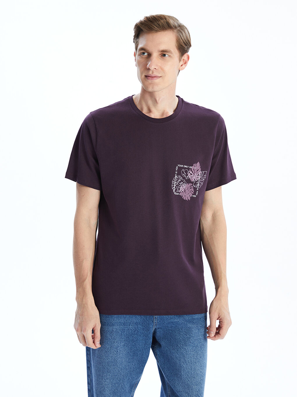 Mürdüm Bisiklet Yaka Kısa Kollu Baskılı Penye Erkek Tişört