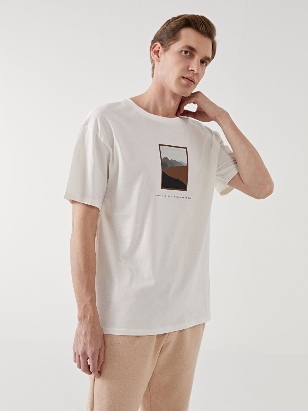 Gri Bisiklet Yaka Kısa Kollu Baskılı Penye Erkek Tişört