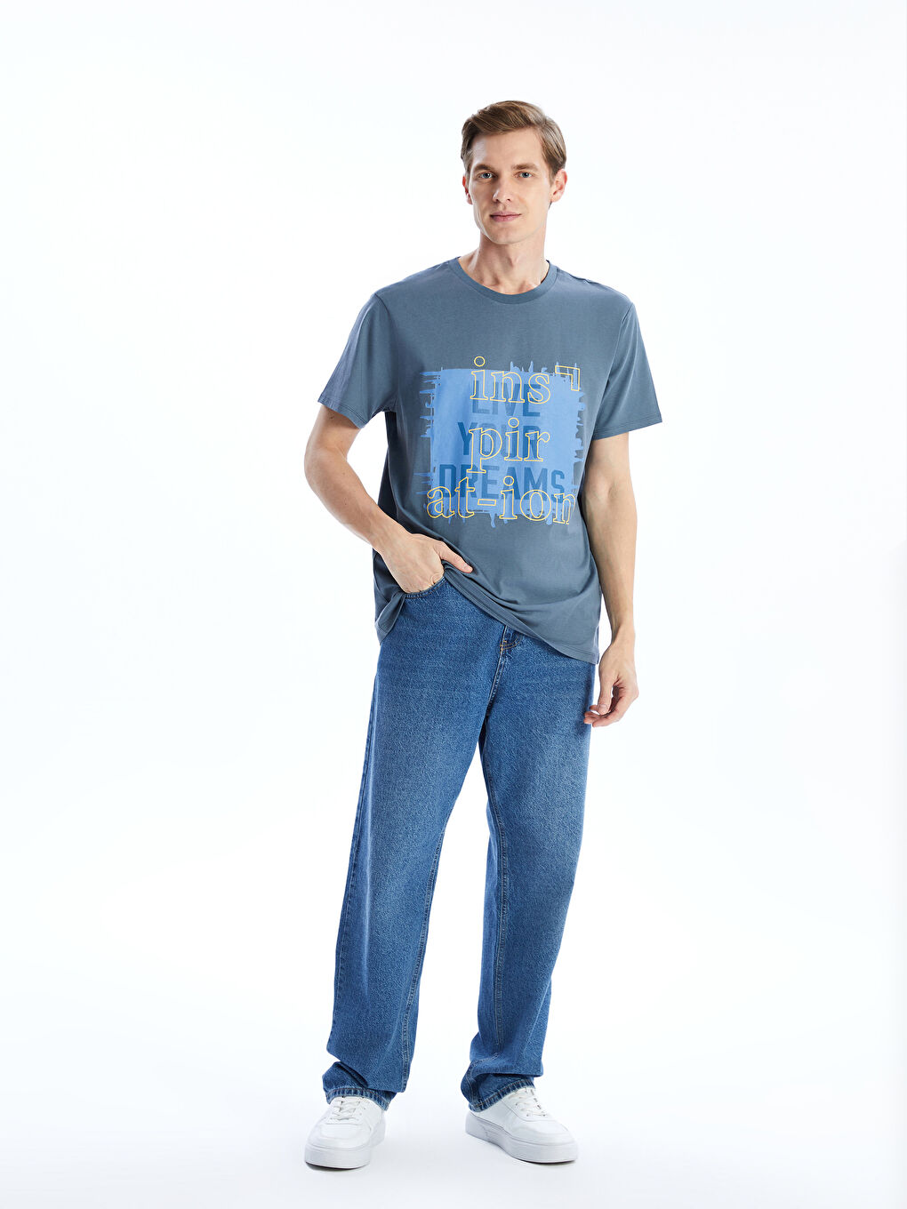 İndigo Bisiklet Yaka Düz Grafitili Erkek Tişört-1