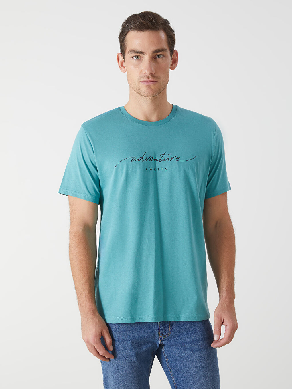 Turkuaz Bisiklet Yaka Baskılı Erkek Tişört