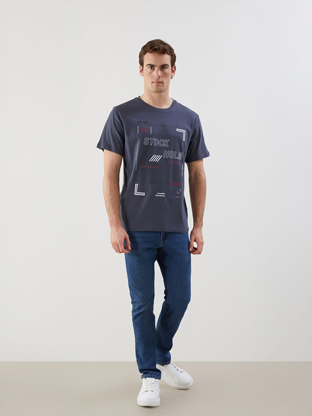 Antrasit Bisiklet Yaka Kısa Kollu Baskılı Penye Erkek Tişört-1