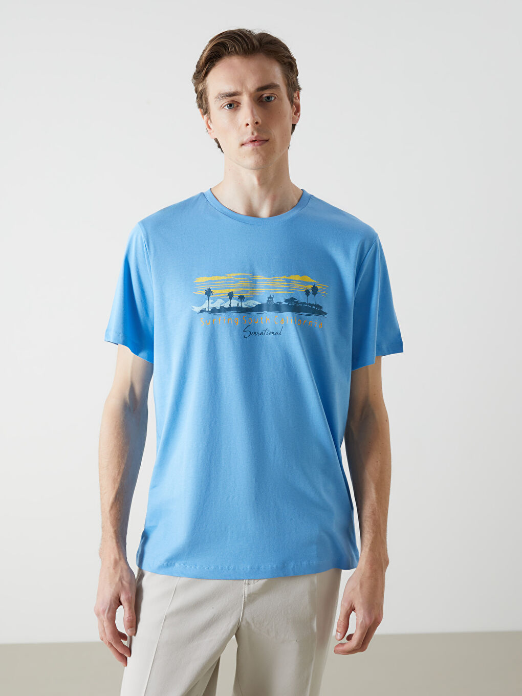 Mavi Bisiklet Yaka Kısa Kollu Baskılı Penye Erkek Tişört