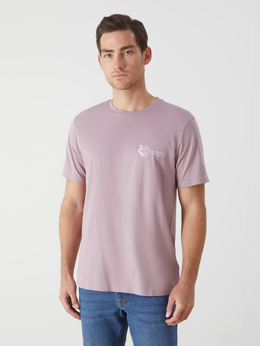 Lila Bisiklet Yaka Baskılı Erkek Tişört