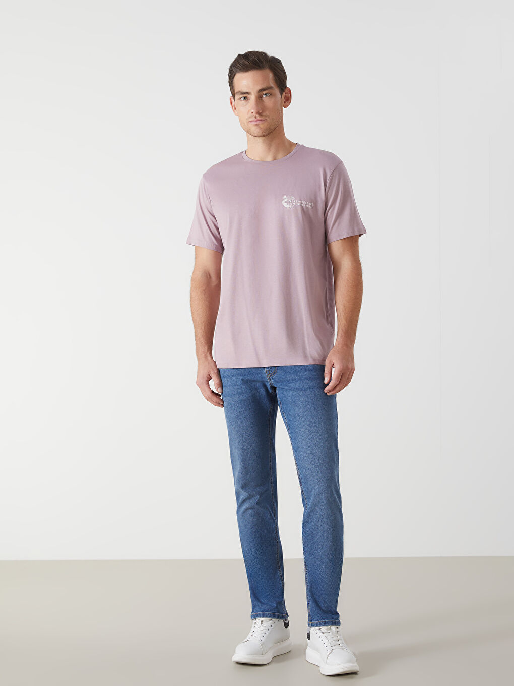 Lila Bisiklet Yaka Baskılı Erkek Tişört-1