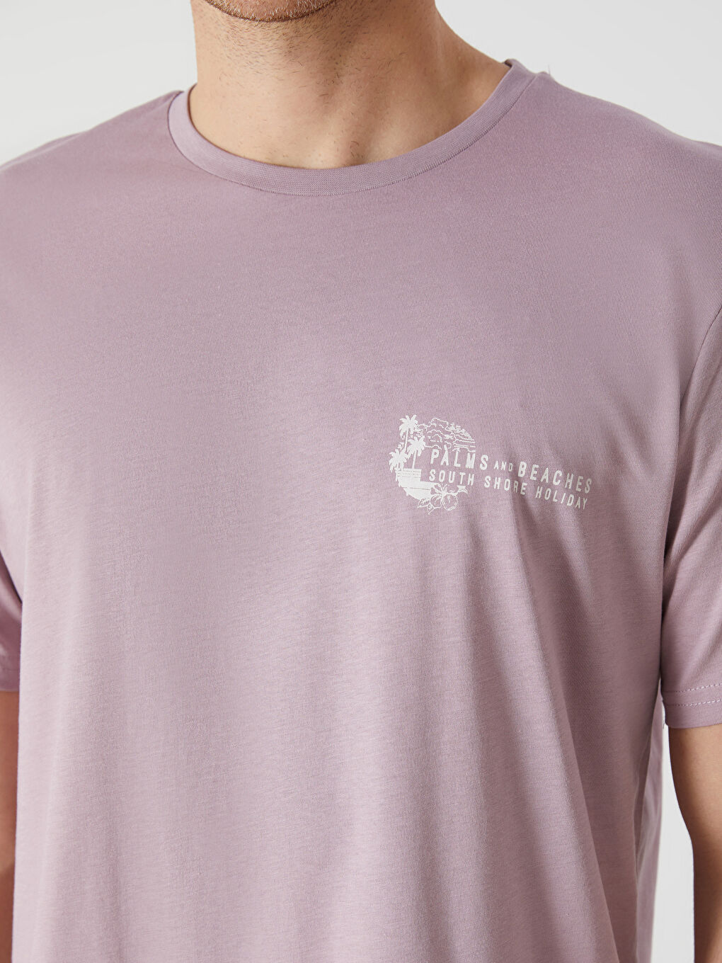 Lila Bisiklet Yaka Baskılı Erkek Tişört-2