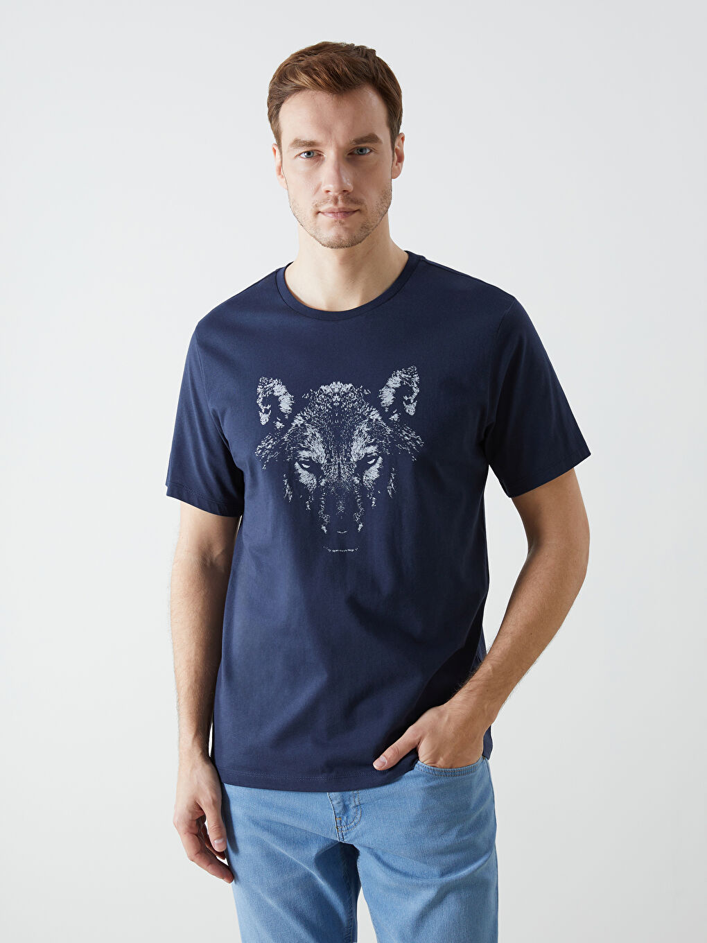 Lacivert Bisiklet Yaka Kısa Kollu Baskılı Penye Erkek Tişört