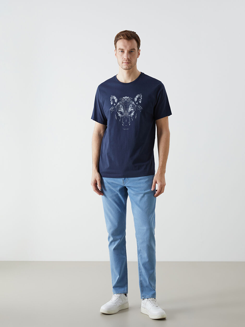 Lacivert Bisiklet Yaka Kısa Kollu Baskılı Penye Erkek Tişört-1