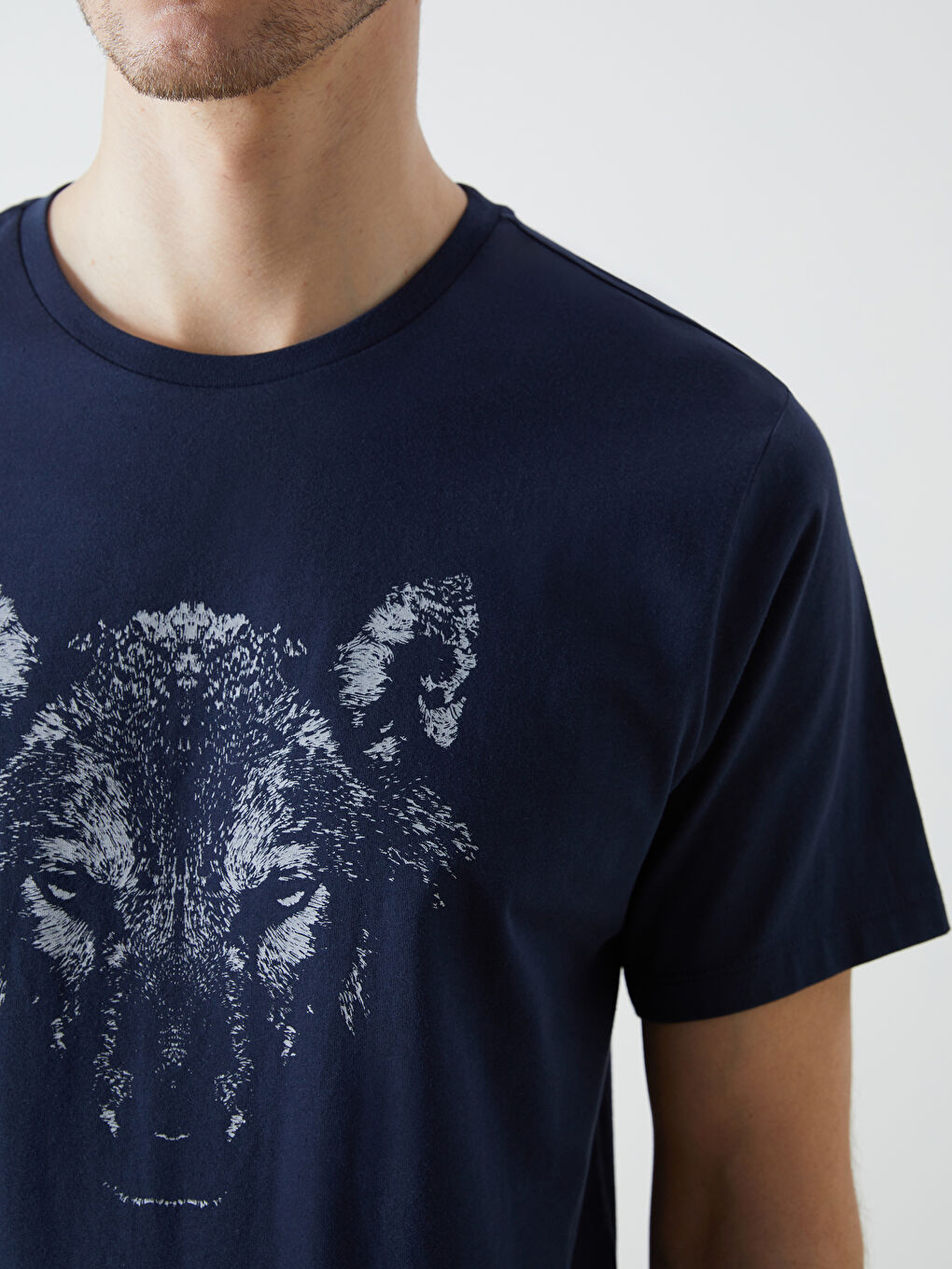 Lacivert Bisiklet Yaka Kısa Kollu Baskılı Penye Erkek Tişört-2