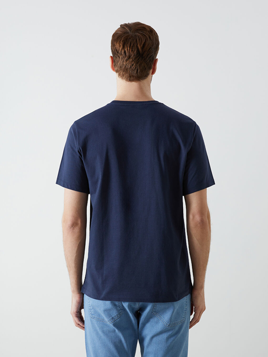 Lacivert Bisiklet Yaka Kısa Kollu Baskılı Penye Erkek Tişört-3