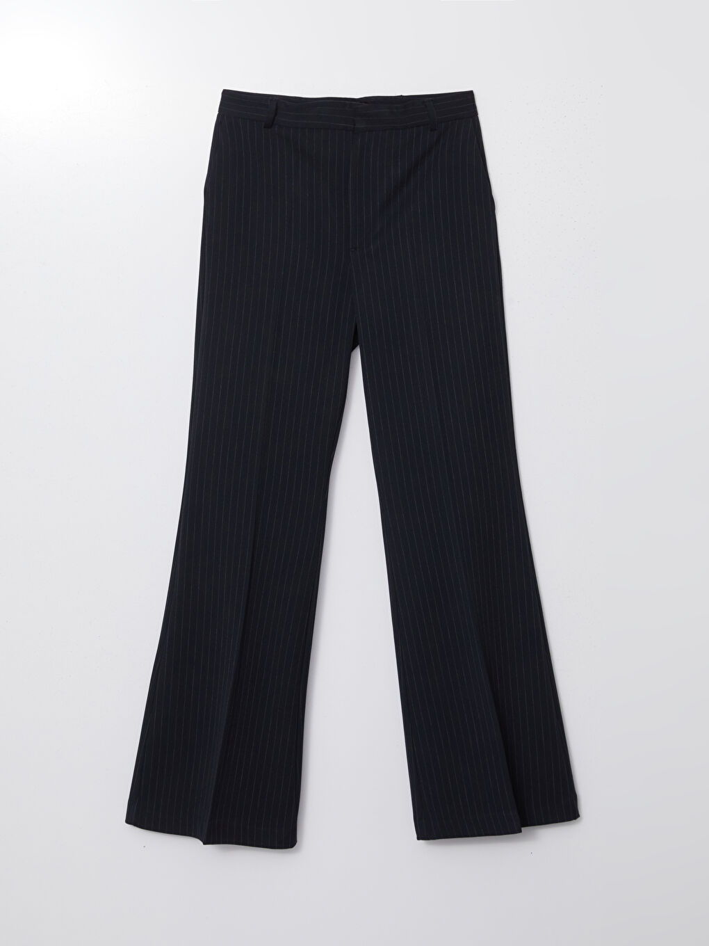 Lacivert Standart Fit Çizgili İspanyol Paça Kadın Pantolon-4