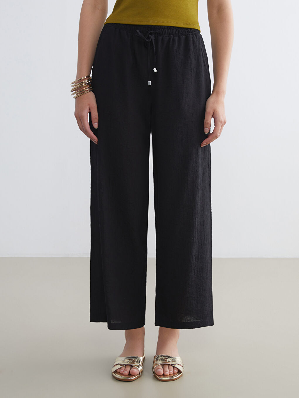 LCW Vision Elasticated Waist Textured Wide Leg Women's Trousers -S5HQ64Z8-CVL
