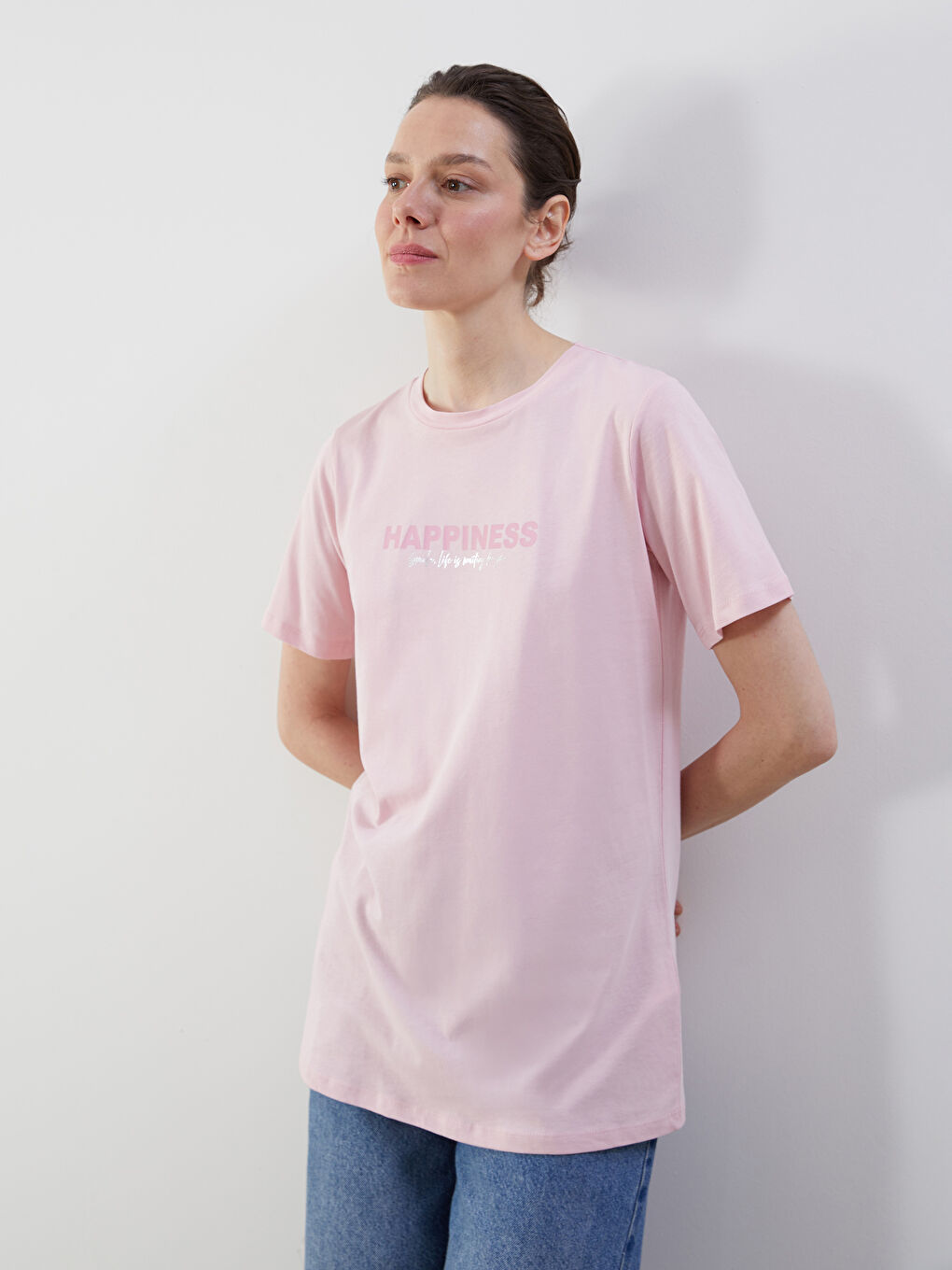 Pembe Bisiklet Yaka Baskılı Kadın Tişört