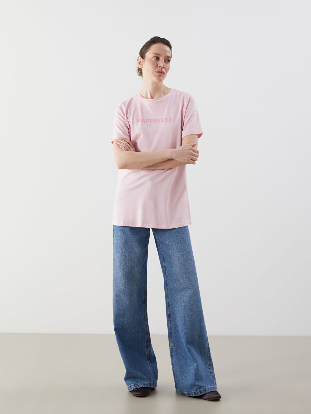 Pembe Bisiklet Yaka Baskılı Kadın Tişört-1