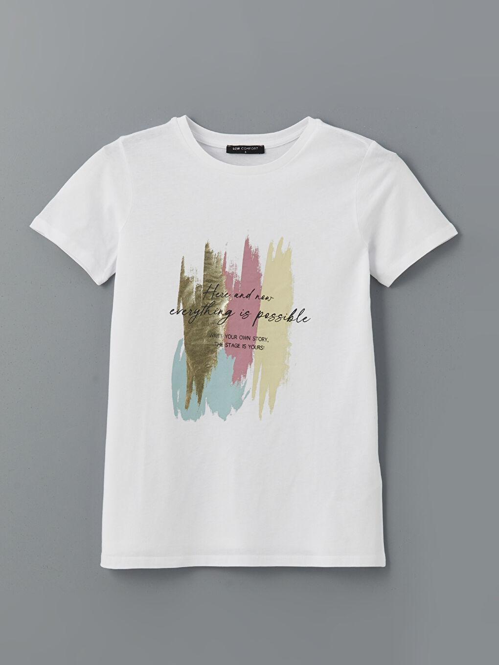 Beyaz Bisiklet Yaka Baskılı Kadın Tişört-4