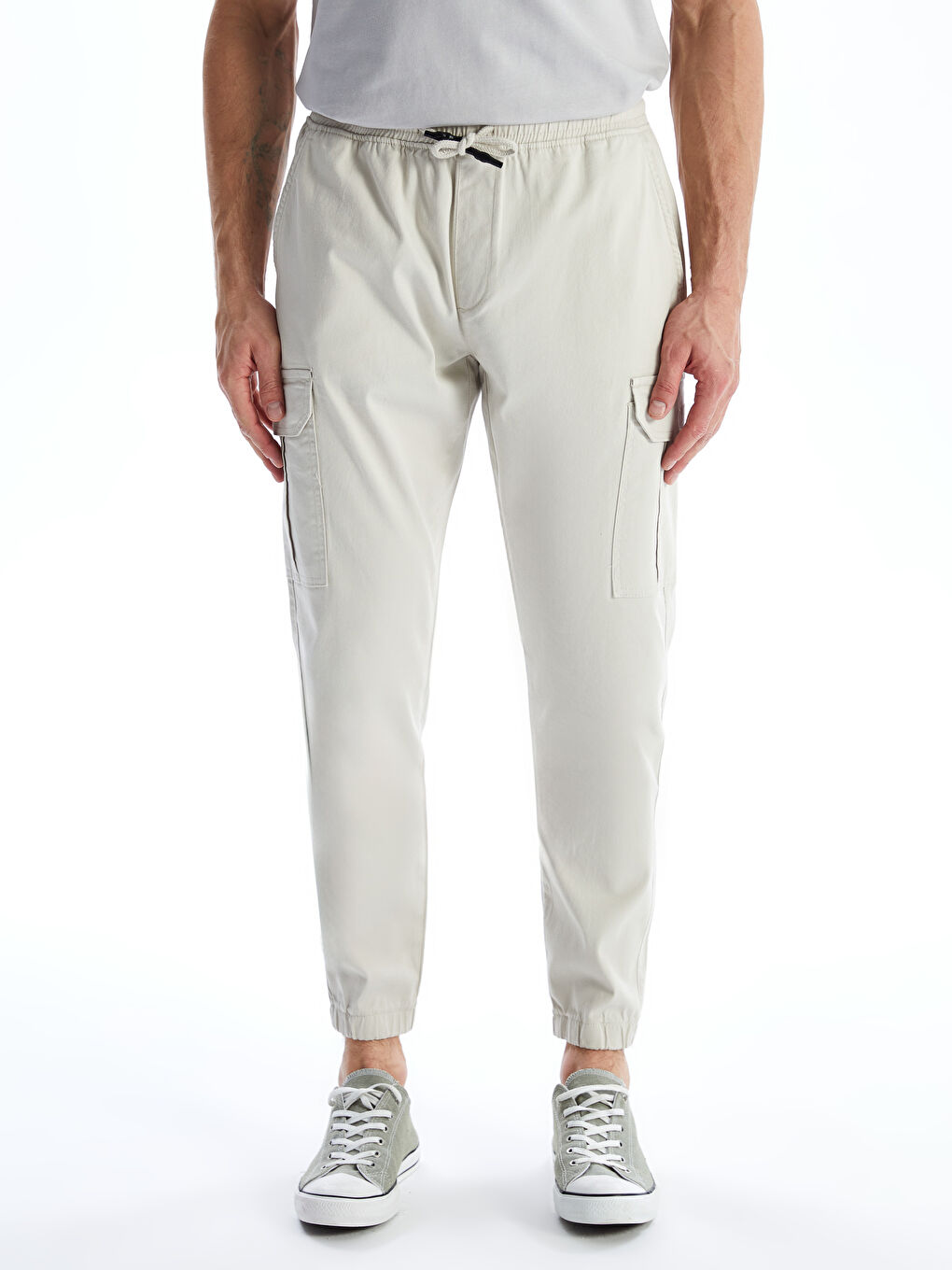 Bej Slim Fit Gabardin Erkek Jogger Pantolon-1