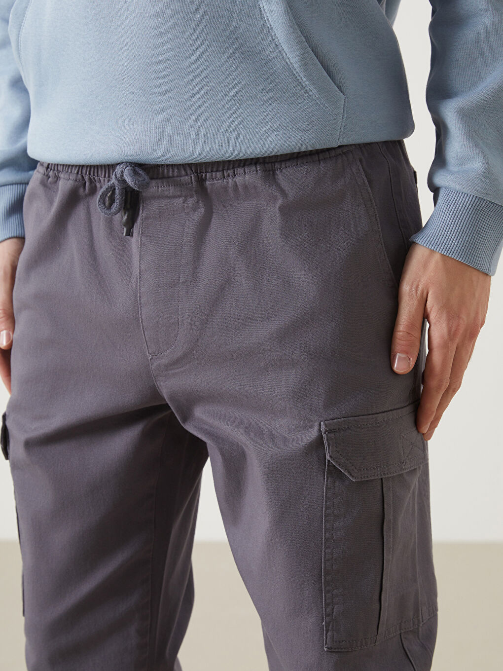 Gri Slim Fit Gabardin Erkek Jogger Pantolon-2