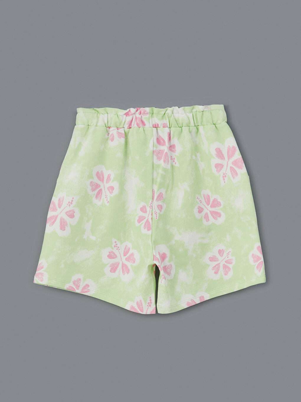 Yeşil Beli Lastikli Kız Çocuk Çiçekli Şort-1