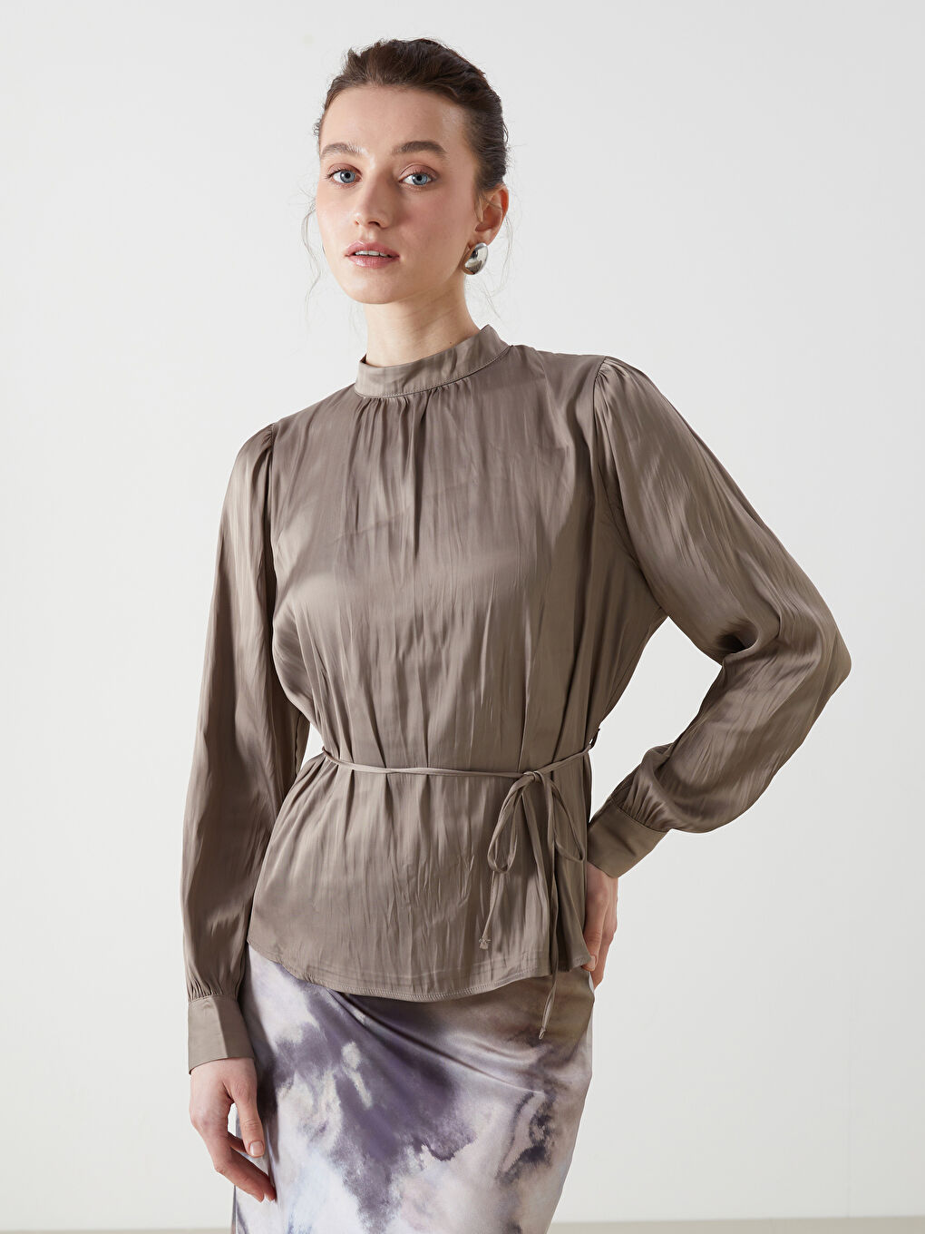 Funnel Neck Oversize Satin Women's Blouse -S5HS11Z8-GY7
