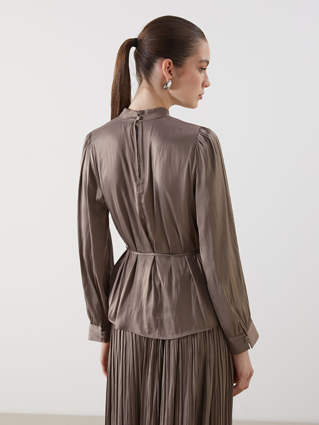 Funnel Neck Oversize Satin Women's Blouse -S5HS11Z8-GY7
