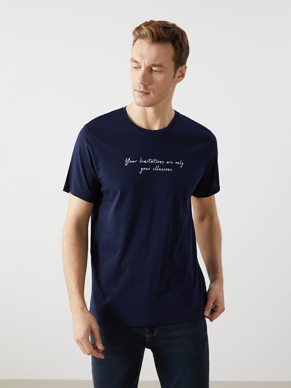 Lacivert Bisiklet Yaka Baskılı Erkek Tişört