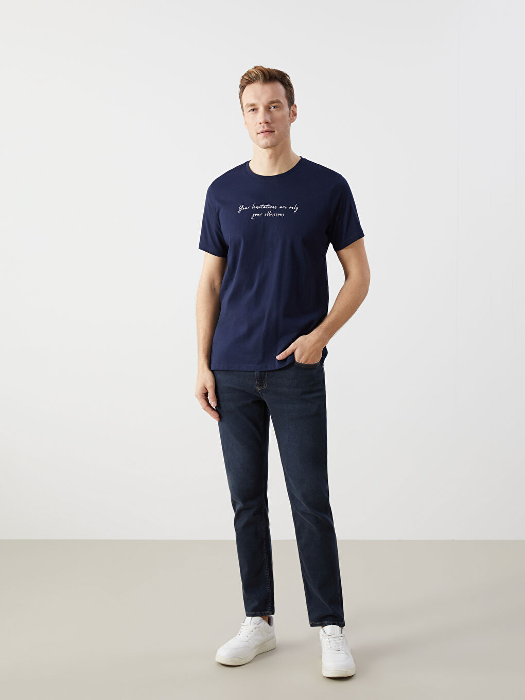 Lacivert Bisiklet Yaka Baskılı Erkek Tişört-1