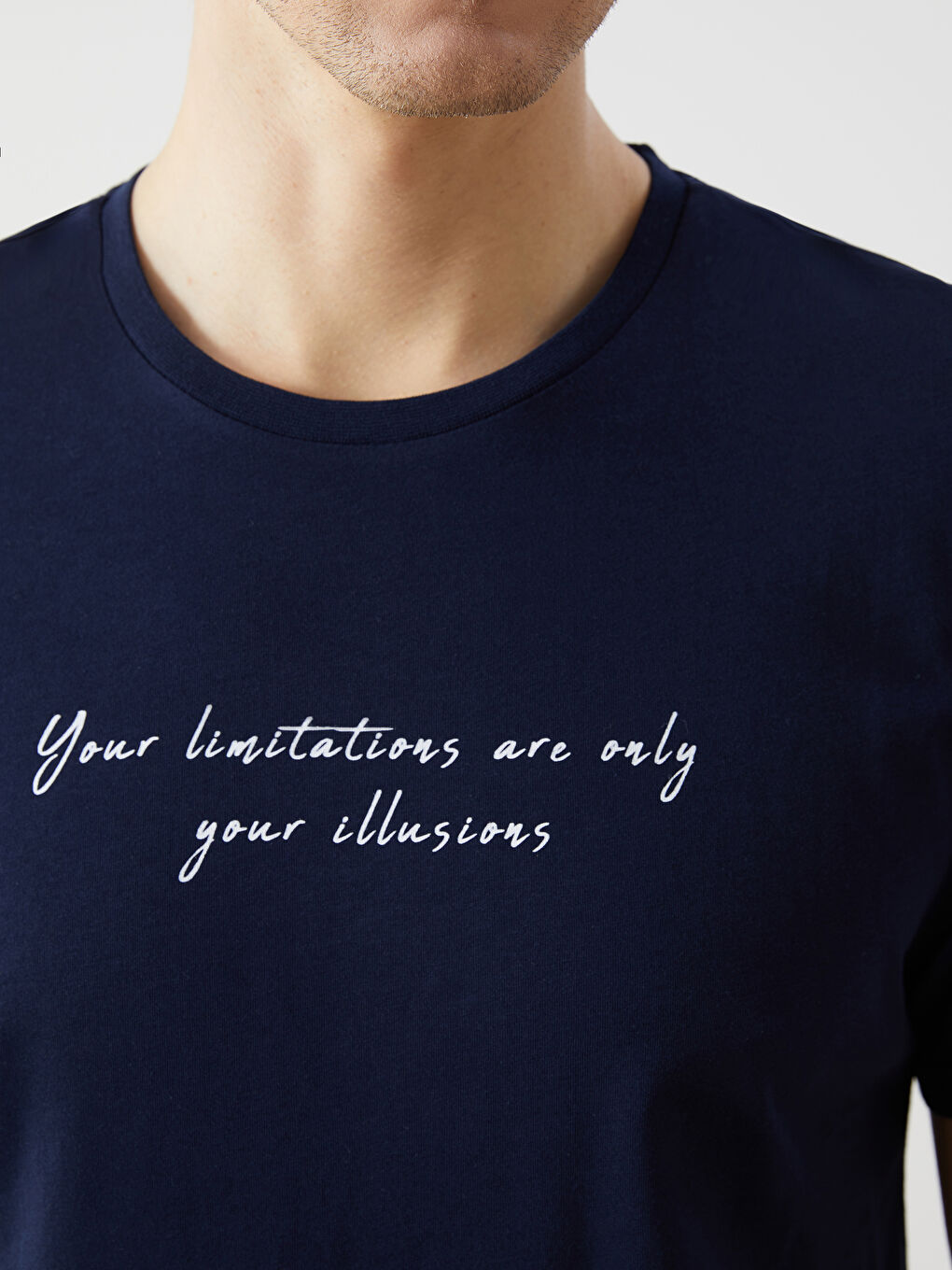 Lacivert Bisiklet Yaka Baskılı Erkek Tişört-2