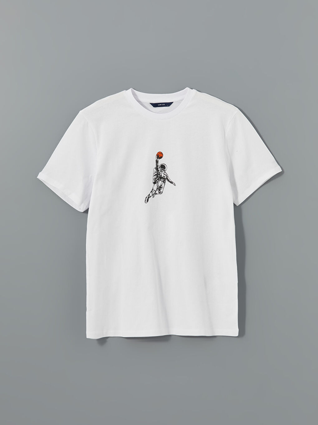 Beyaz Bisiklet Yaka Baskılı Erkek Tişört-4