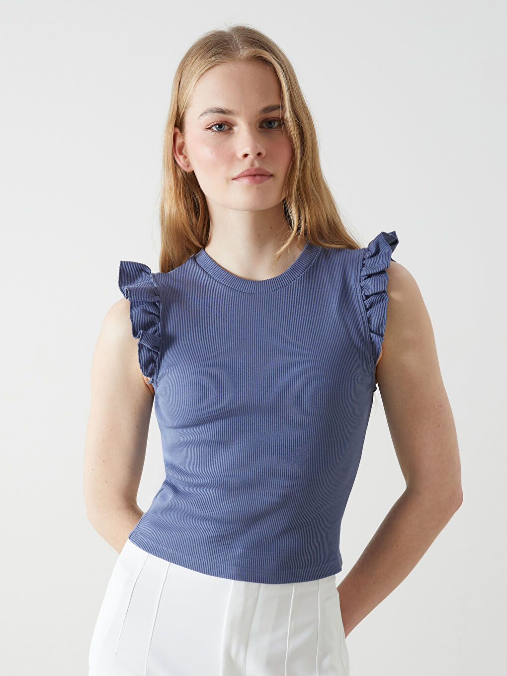 Mavi Bisiklet Yaka Dokulu Kadın Atlet