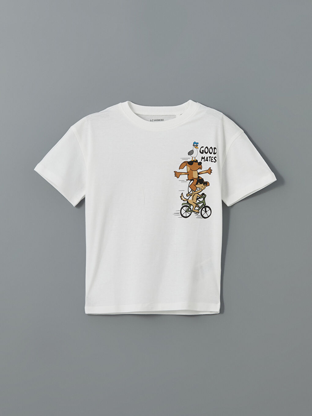 Beyaz Bisiklet Yaka Baskılı Erkek Çocuk Tişört