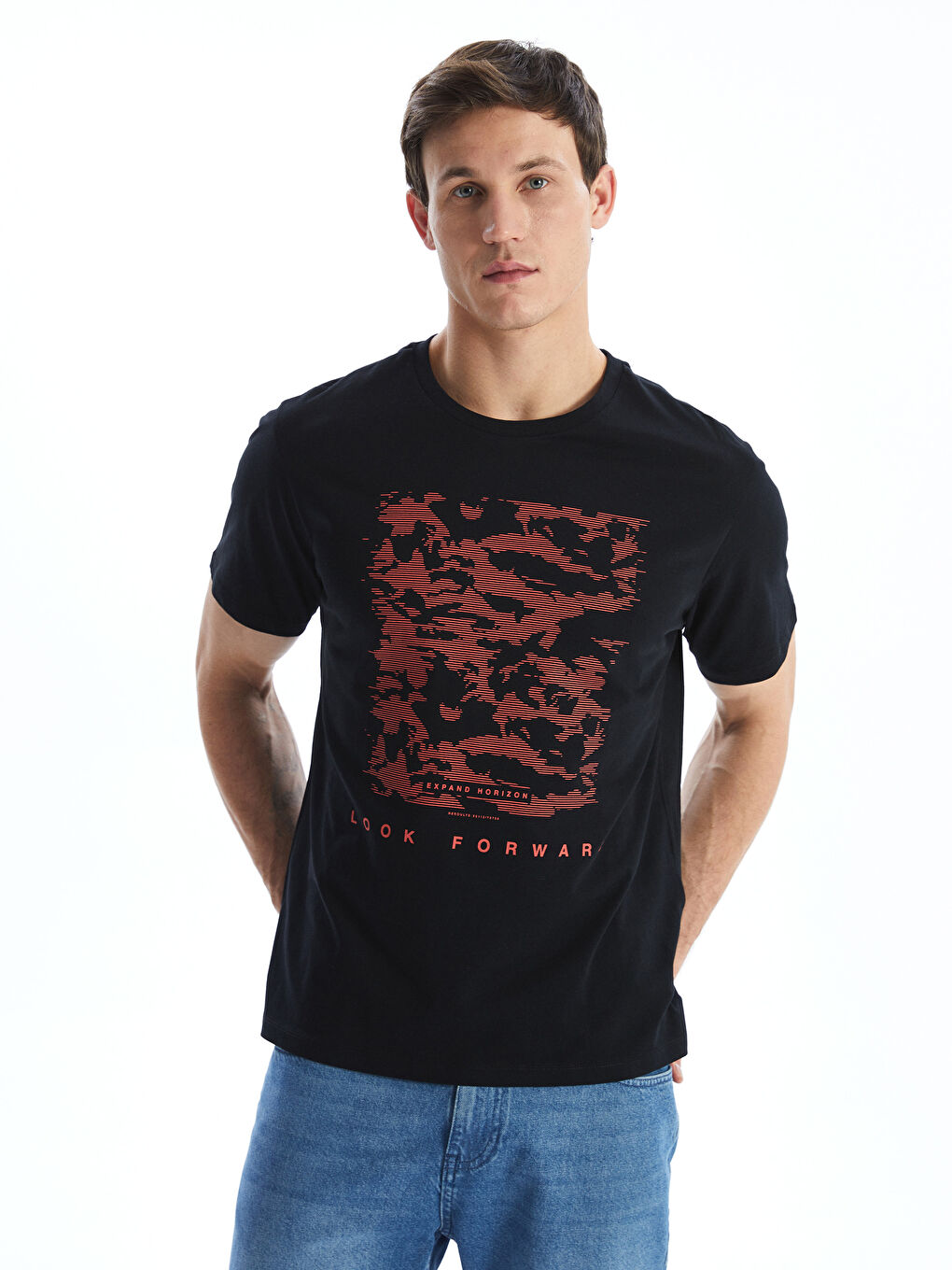 Siyah Bisiklet Yaka Kısa Kollu Baskılı Penye Erkek Tişört