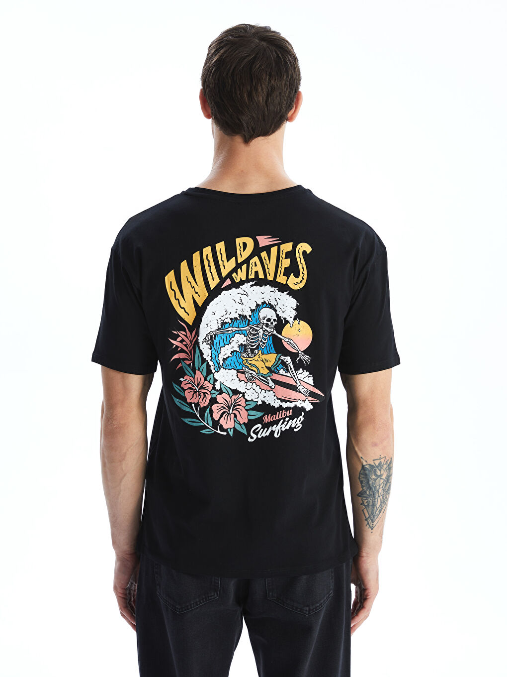 Siyah Bisiklet Yaka Baskılı Erkek Tişört-3