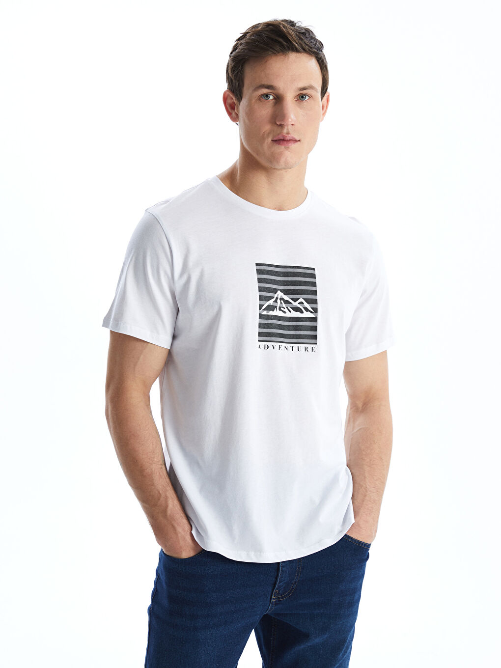 Beyaz Bisiklet Yaka Kısa Kollu Baskılı Penye Erkek Tişört