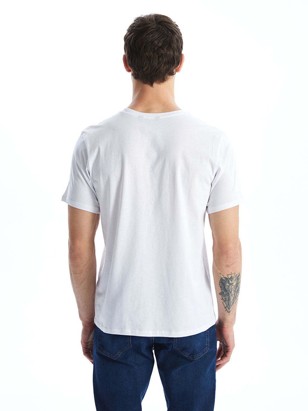 Beyaz Bisiklet Yaka Kısa Kollu Baskılı Penye Erkek Tişört-3