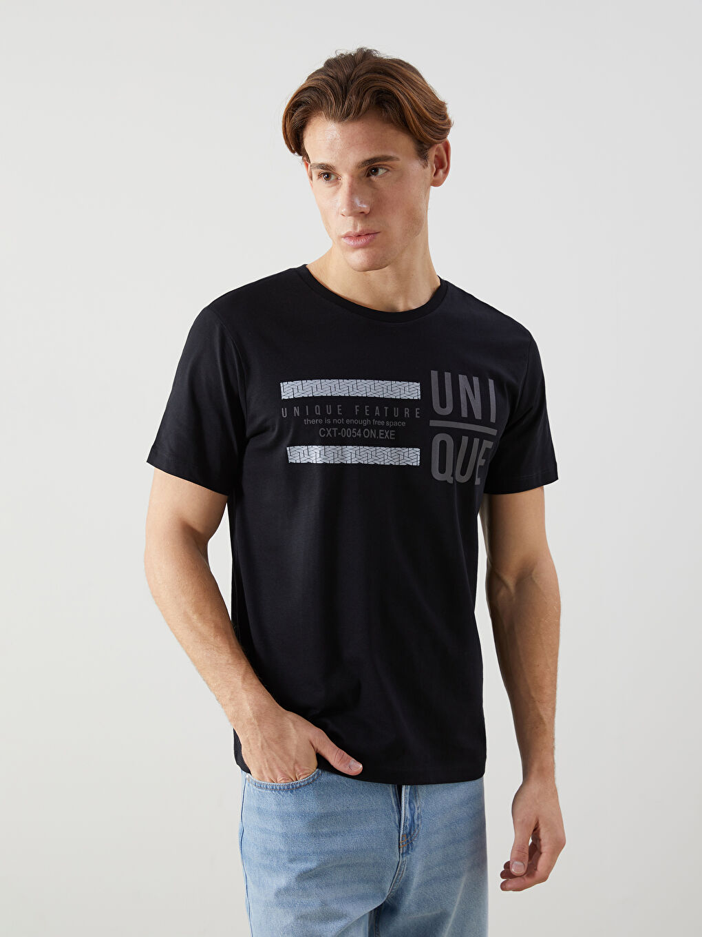 Siyah Bisiklet Yaka Kısa Kollu Baskılı Penye Erkek Tişört