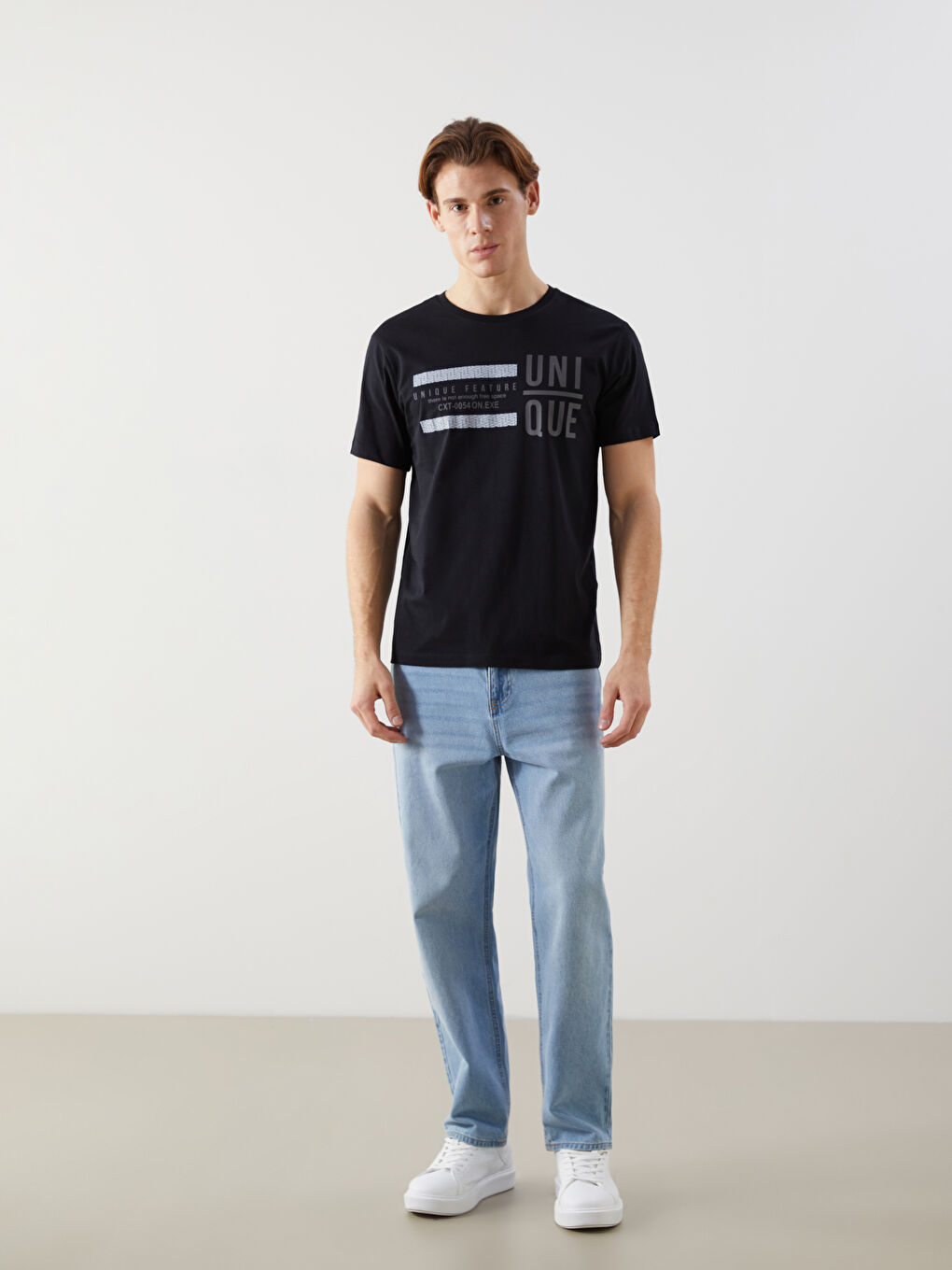 Siyah Bisiklet Yaka Kısa Kollu Baskılı Penye Erkek Tişört-1